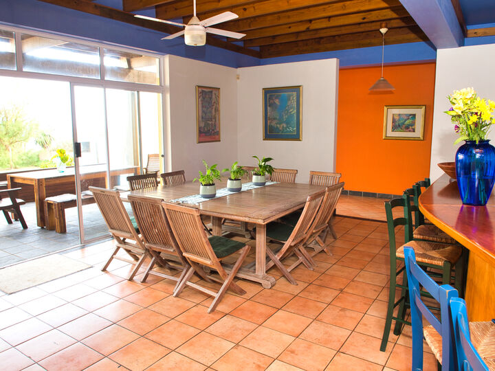 A dining area with wooden tables and chairs. One table is outside, one inside. Both tables have plants on the centre of them. There is a white fan above the inside table. There is an orange wall to the right side. A bar is also on the right side, with wooden counter top. The bar chairs are wooden, with white back rests. There is a blue vase with yellow flowers.